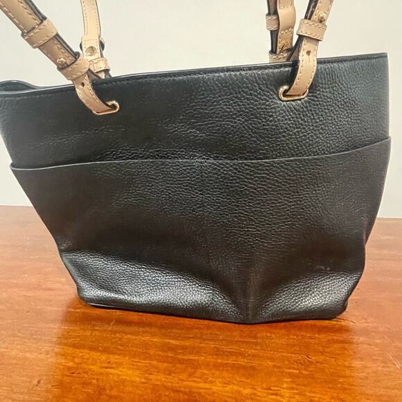 Michael Kors Black Pebbled Leather Shoulder Bag Nude Strap Handle Purse - Picture 3 of 6